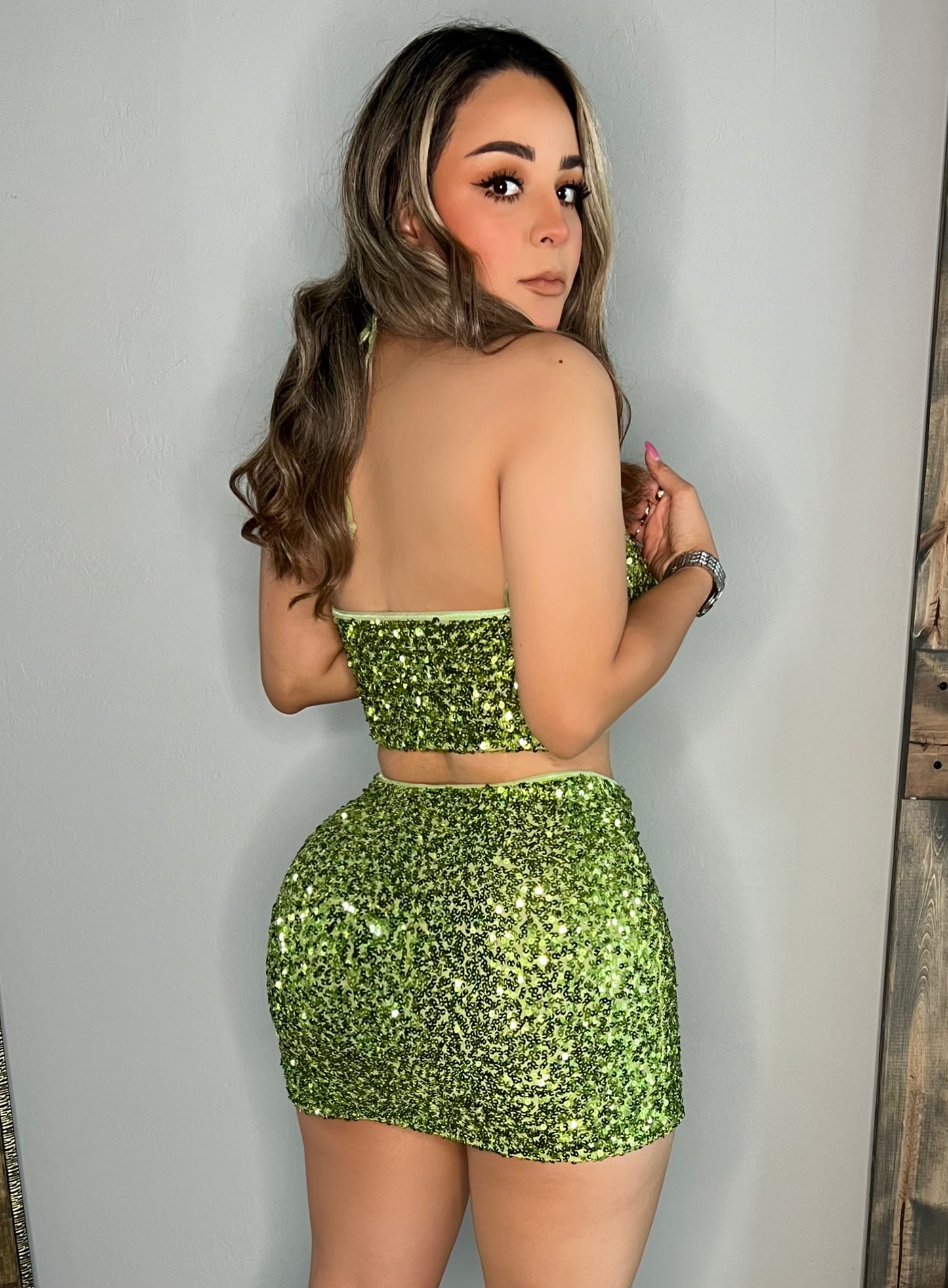 Set verde limón de lentejuelas